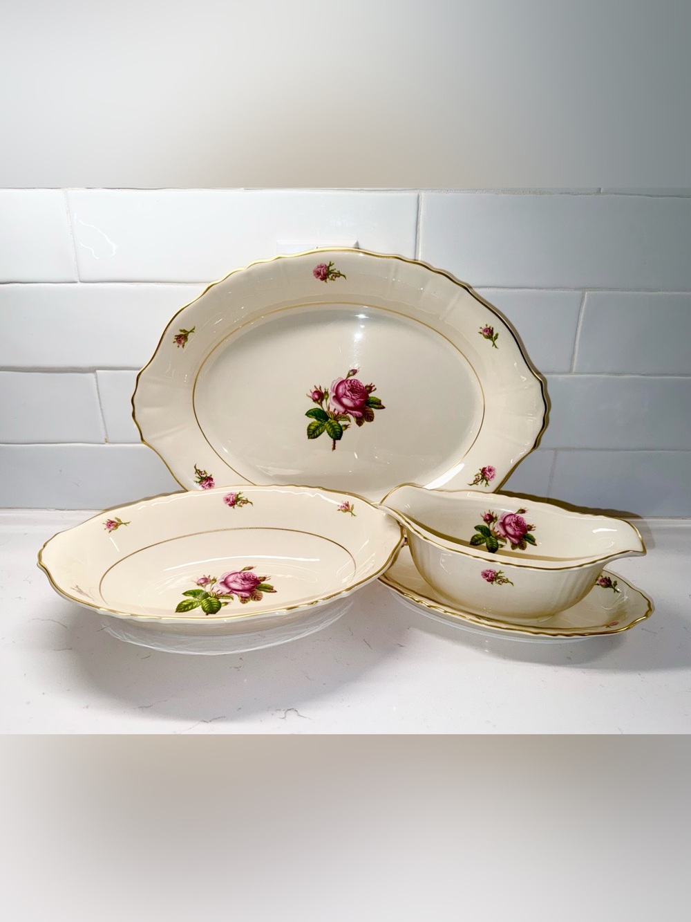 Syracuse China 3 pc Serving Set - Victoria Pattern Pink Rose Gold Trim